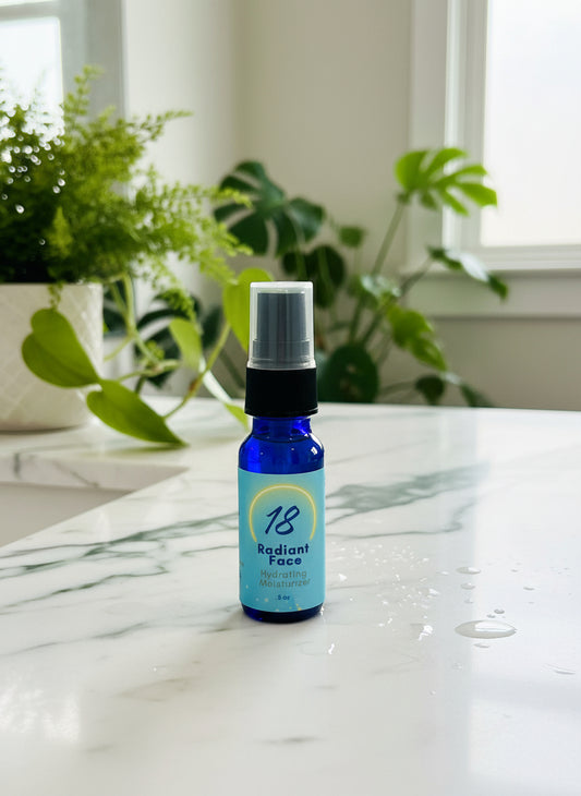 Blue bottle of 'Radiant Face 18' hydrating moisturizer with a black cap on a white background