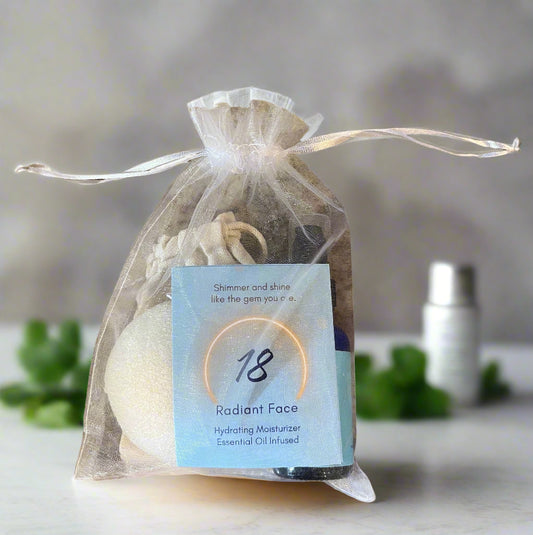 Organza bag containing Radiant Face 18 Moisturizer, Polishing Pearl and Glow Stone