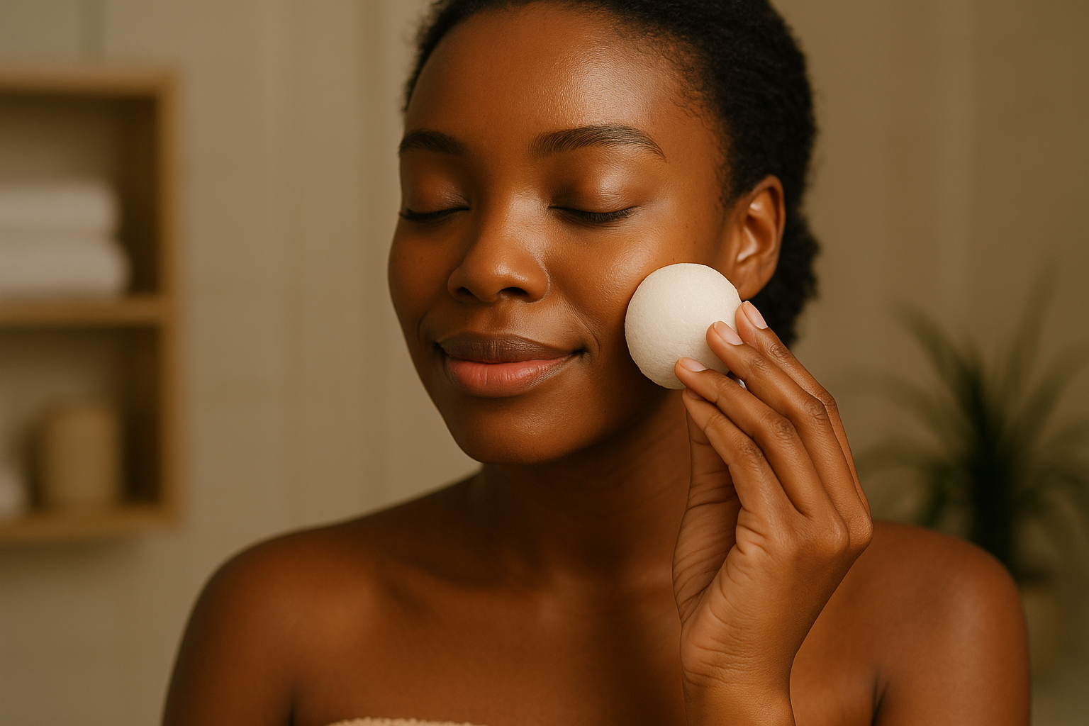 Black woman using one white konjac sponge for skincare