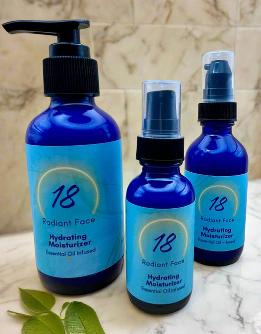 Shows three sizes of Radiant Face 18 Hydrating Moisturizer 1 oz, 2 oz or 4 oz - Radiant Face 18