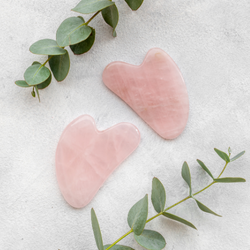 Two rose quartz gua Sha stones on a white surface with green leaves.
