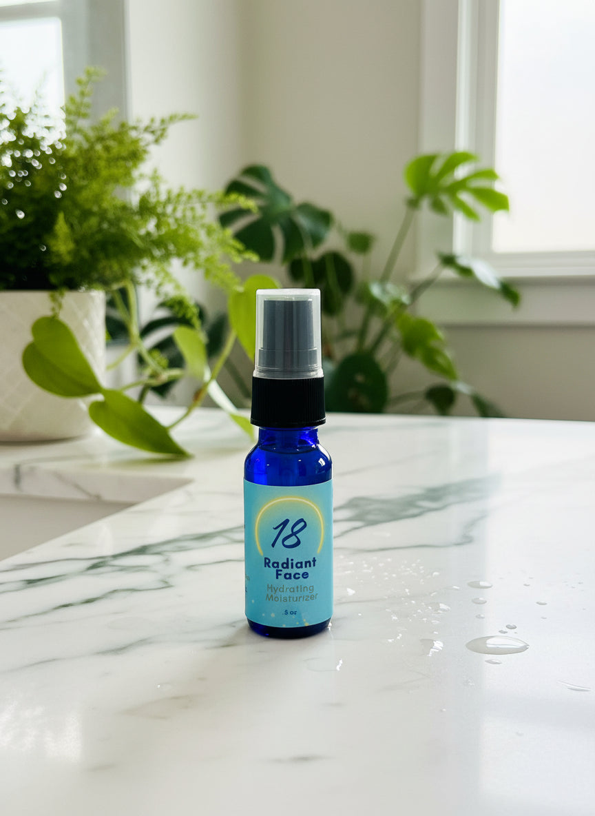 Blue bottle of 'Radiant Face 18' hydrating moisturizer with a black cap on a white background